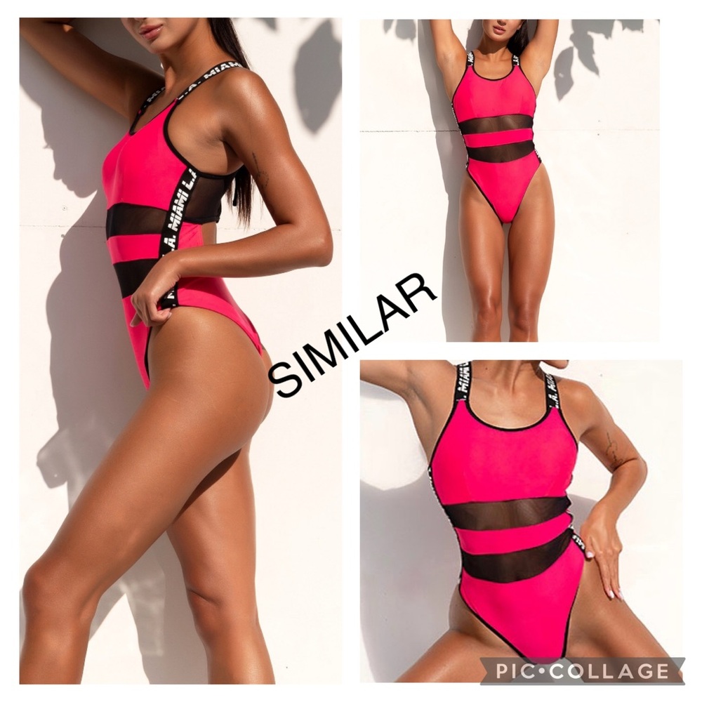 NWT Censored Sexy One Piece NYC Tokyo London Swimsuit Hot Pink Zipper Mesh Sz S